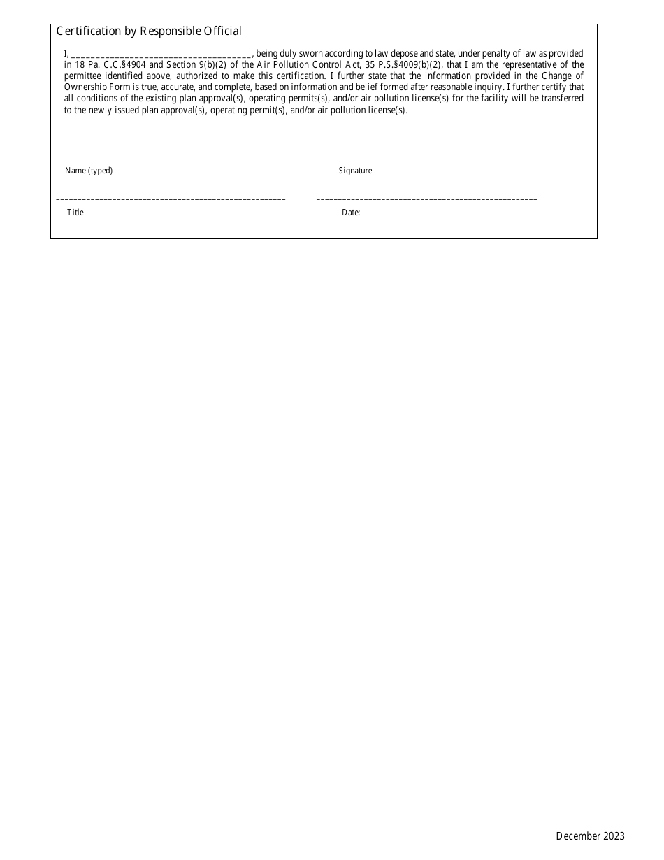 Change of Ownership Form - Plan Approval / Operating Permit / Air Pollution License - City of Philadelphia, Pennsylvania, Page 3