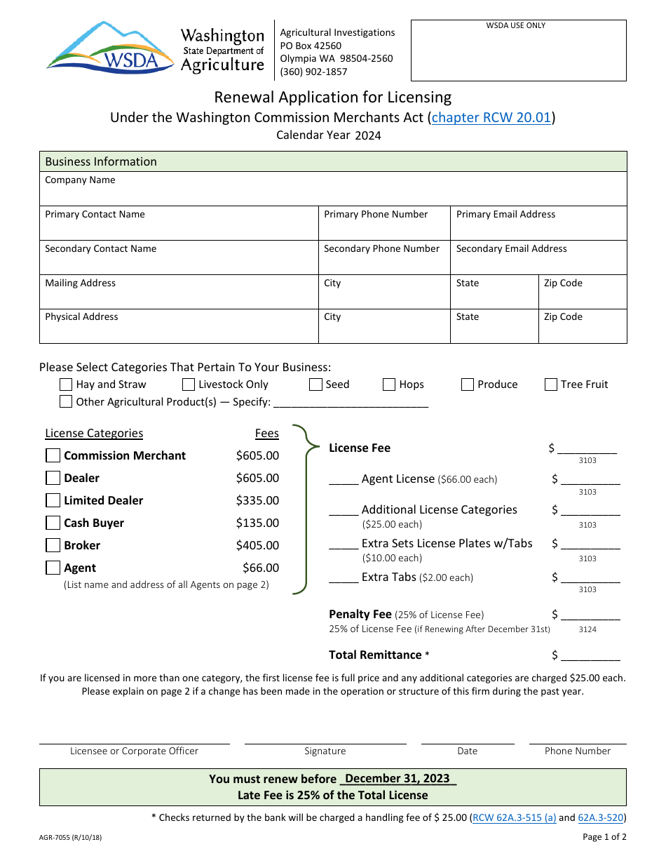 Form AGR-7055 Renewal Application for Licensing Under the Washington Commission Merchants Act - Washington, Page 1