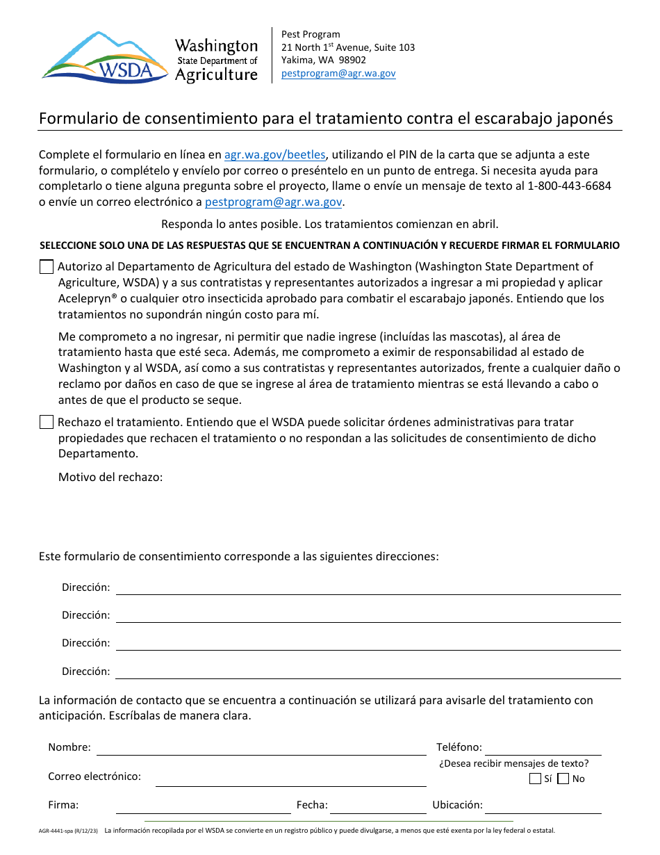 Formulario AGR-4441-SPA Formulario De Consentimiento Para El Tratamiento Contra El Escarabajo Japones - Washington (Spanish), Page 1