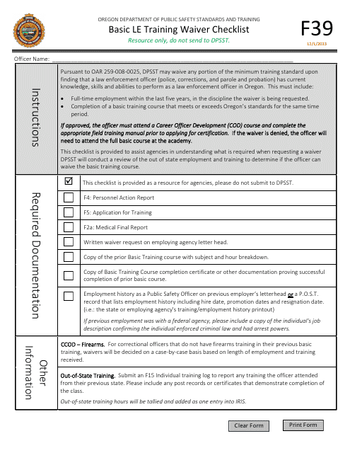 Form F39 Basic Le Training Waiver Checklist - Oregon