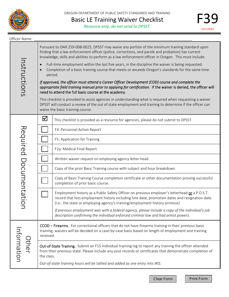 Form F39 Basic Le Training Waiver Checklist - Oregon, Page 1