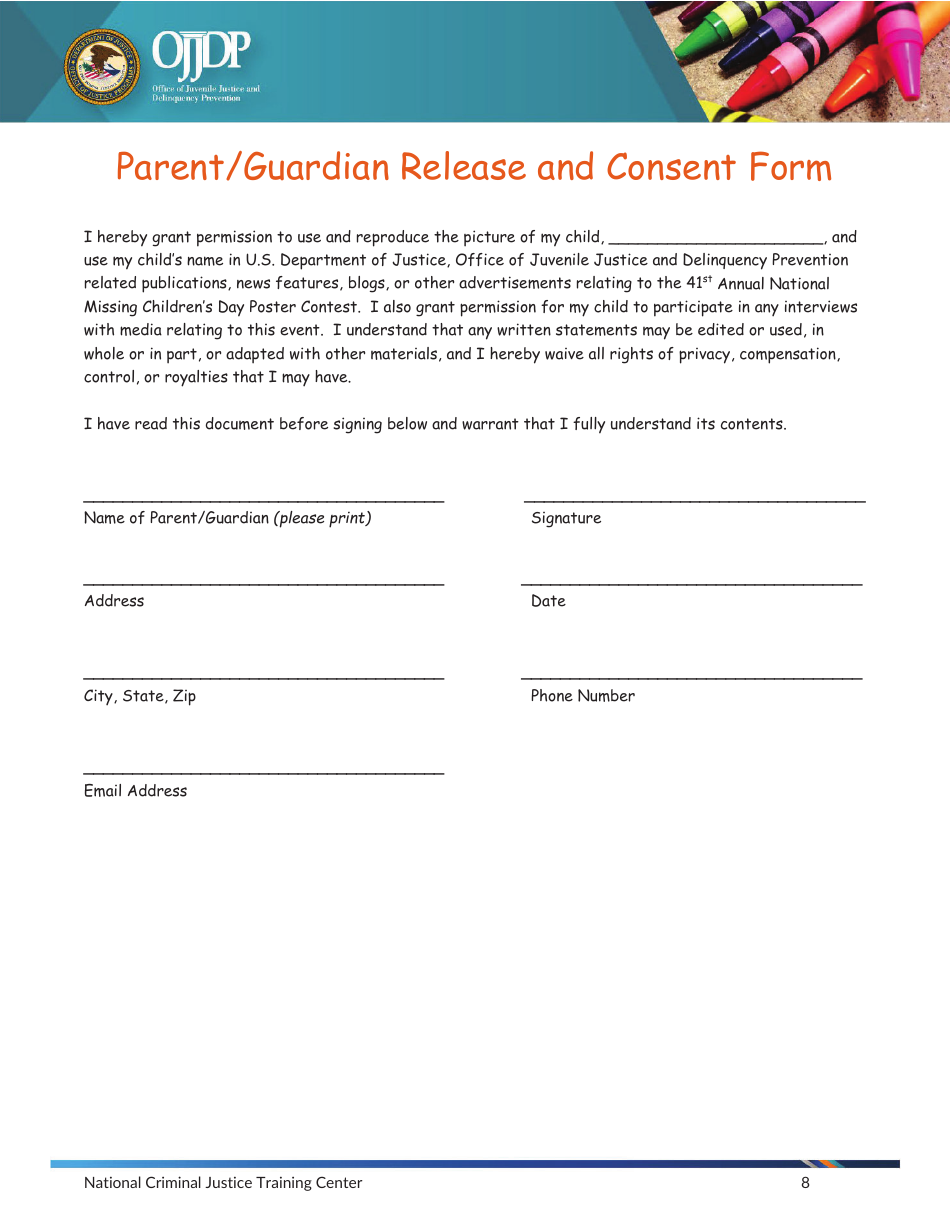 Parent / Guardian Release and Consent Form - 41st Annual National Missing Childrens Day Poster Contest, Page 1