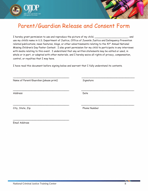 Parent / Guardian Release and Consent Form - 41st Annual National Missing Children's Day Poster Contest Download Pdf