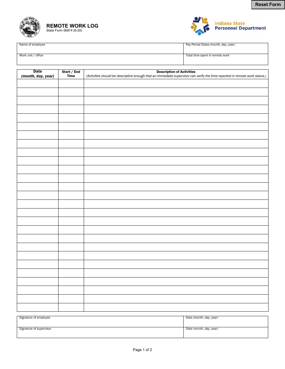 State Form 56974 Remote Work Log - Indiana, Page 1