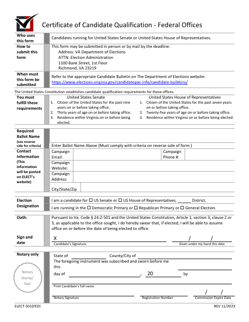 Form ELECT-501(FED) Certificate of Candidate Qualification - Federal Offices - Virginia
