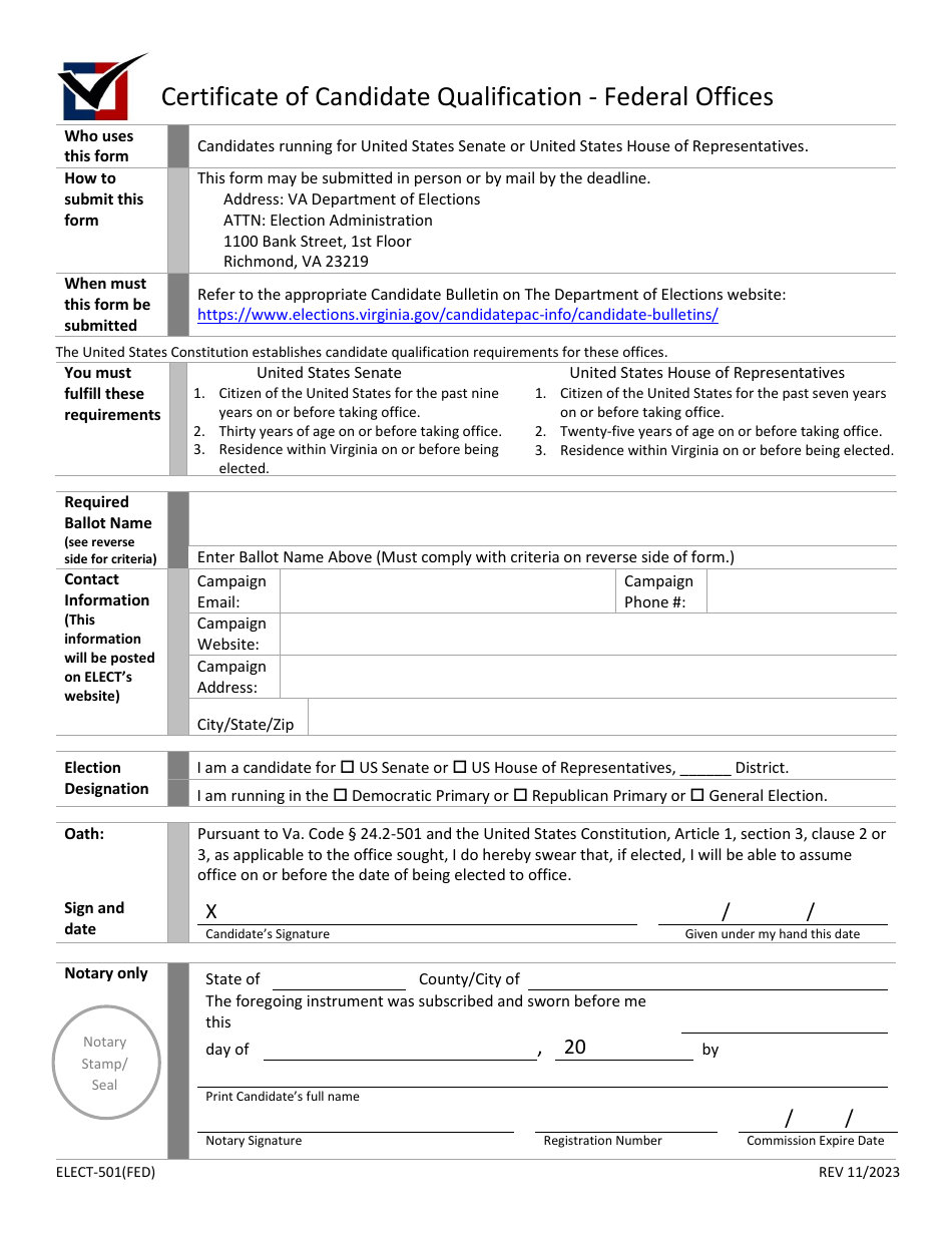 Form ELECT-501(FED) Certificate of Candidate Qualification - Federal Offices - Virginia, Page 1