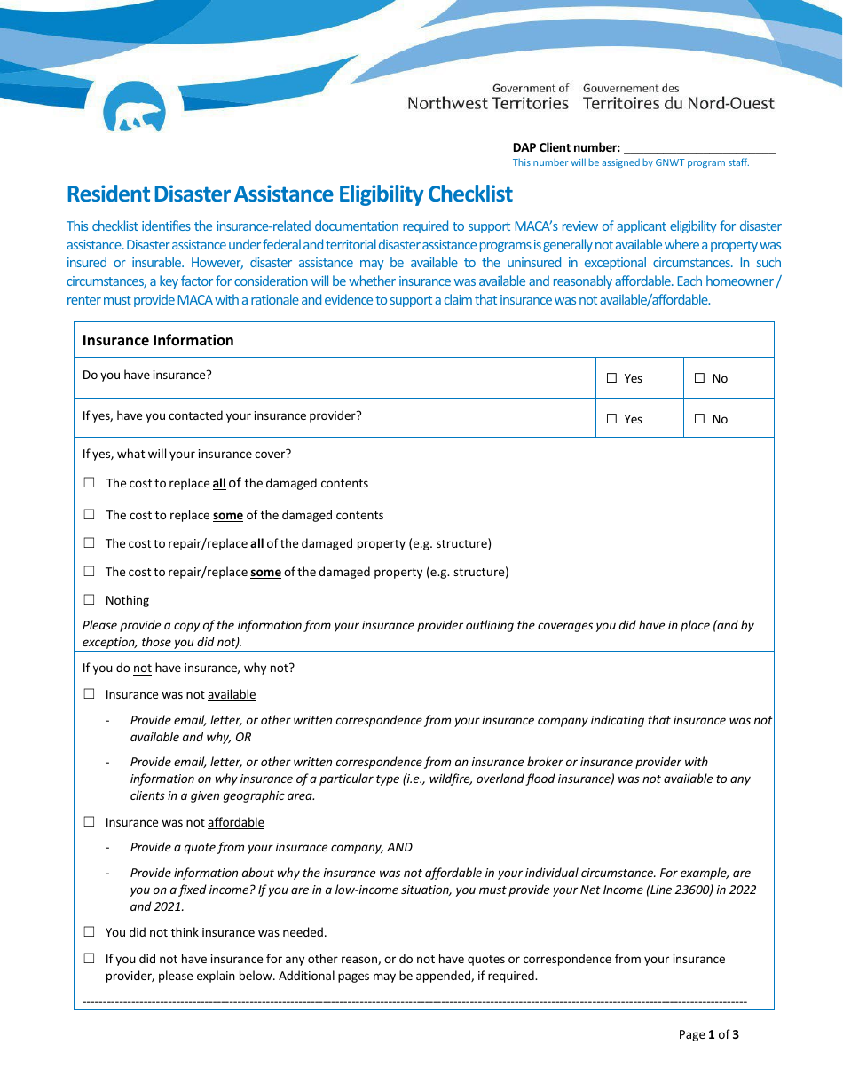 Resident Disaster Assistance Eligibility Checklist - Northwest Territories, Canada, Page 1