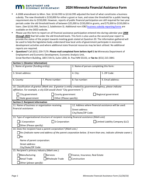 Minnesota Financial Assistance Form - Minnesota, 2024