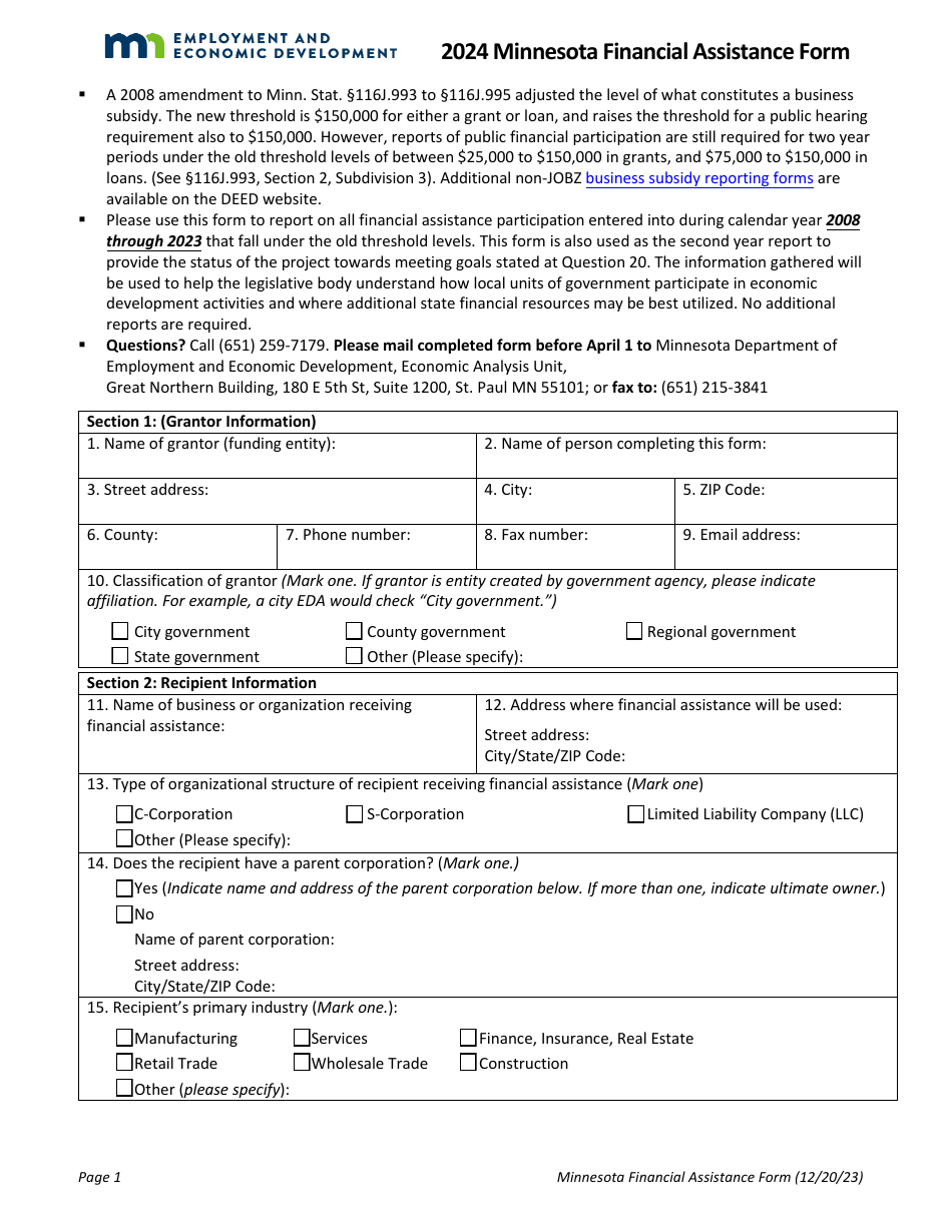 Minnesota Financial Assistance Form - Minnesota, Page 1