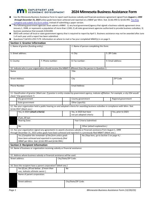 Minnesota Business Assistance Form - Minnesota Download Pdf