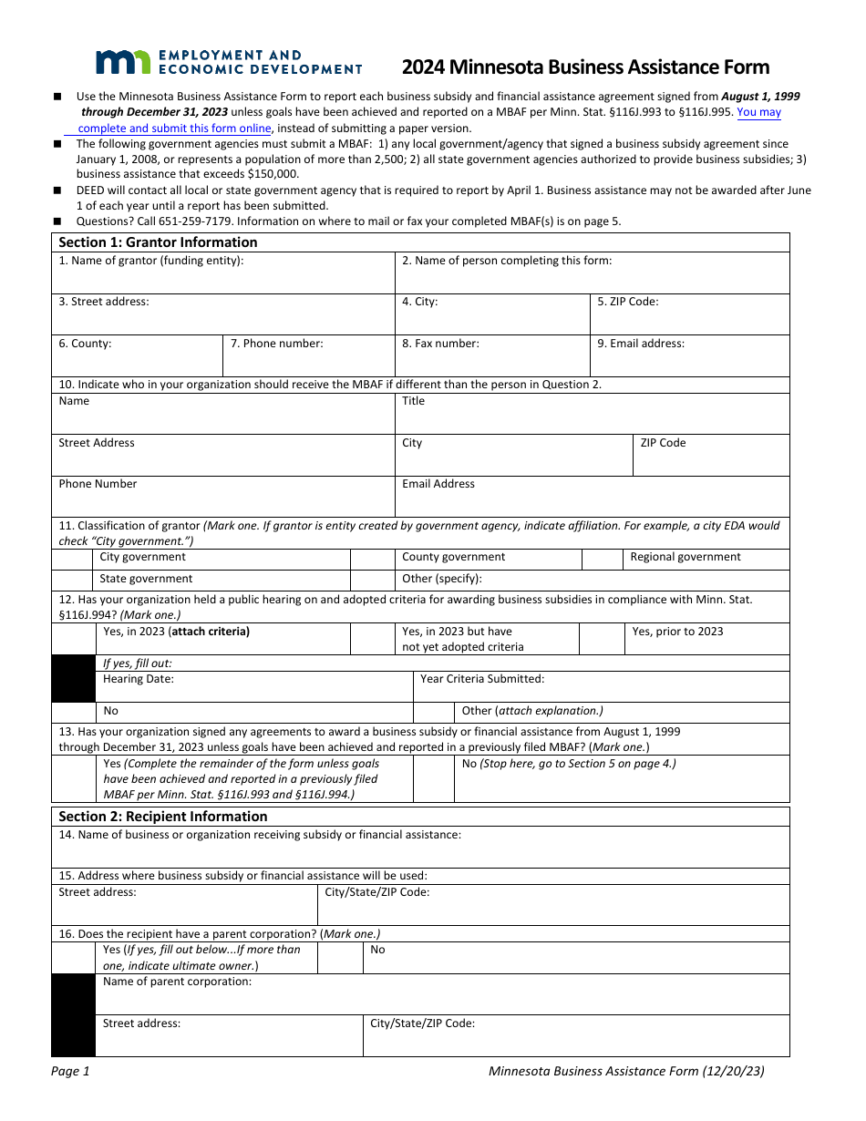 Minnesota Business Assistance Form - Minnesota, Page 1