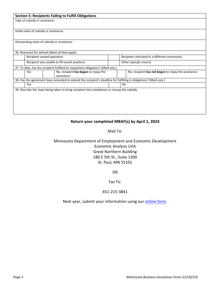 Minnesota Business Assistance Form - Minnesota, Page 5