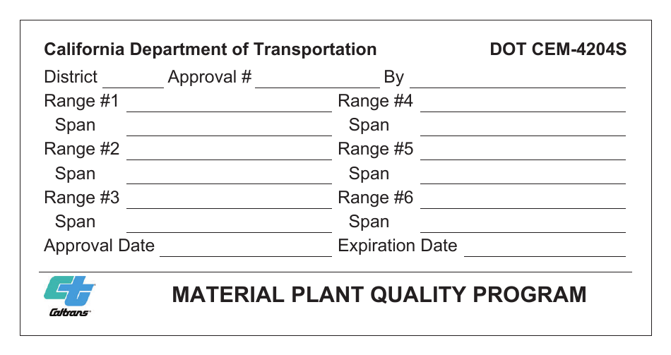 Form DOT CEM-4204S Material Plant Quality Program Approval Sticker - California, Page 1