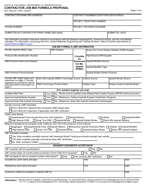 Form DOT CEM-3511 Contractor Job Mix Formula Proposal - California