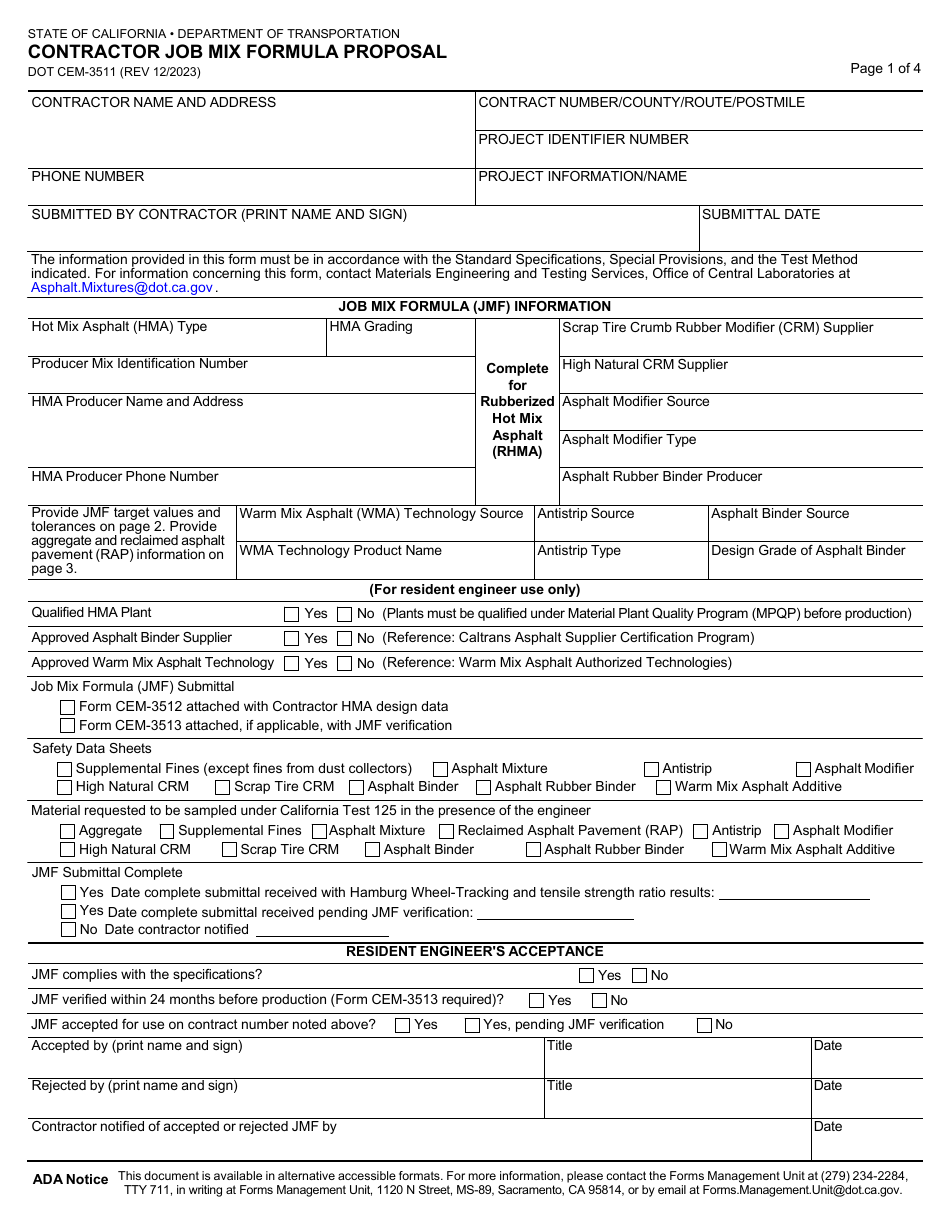 Form DOT CEM-3511 Contractor Job Mix Formula Proposal - California, Page 1