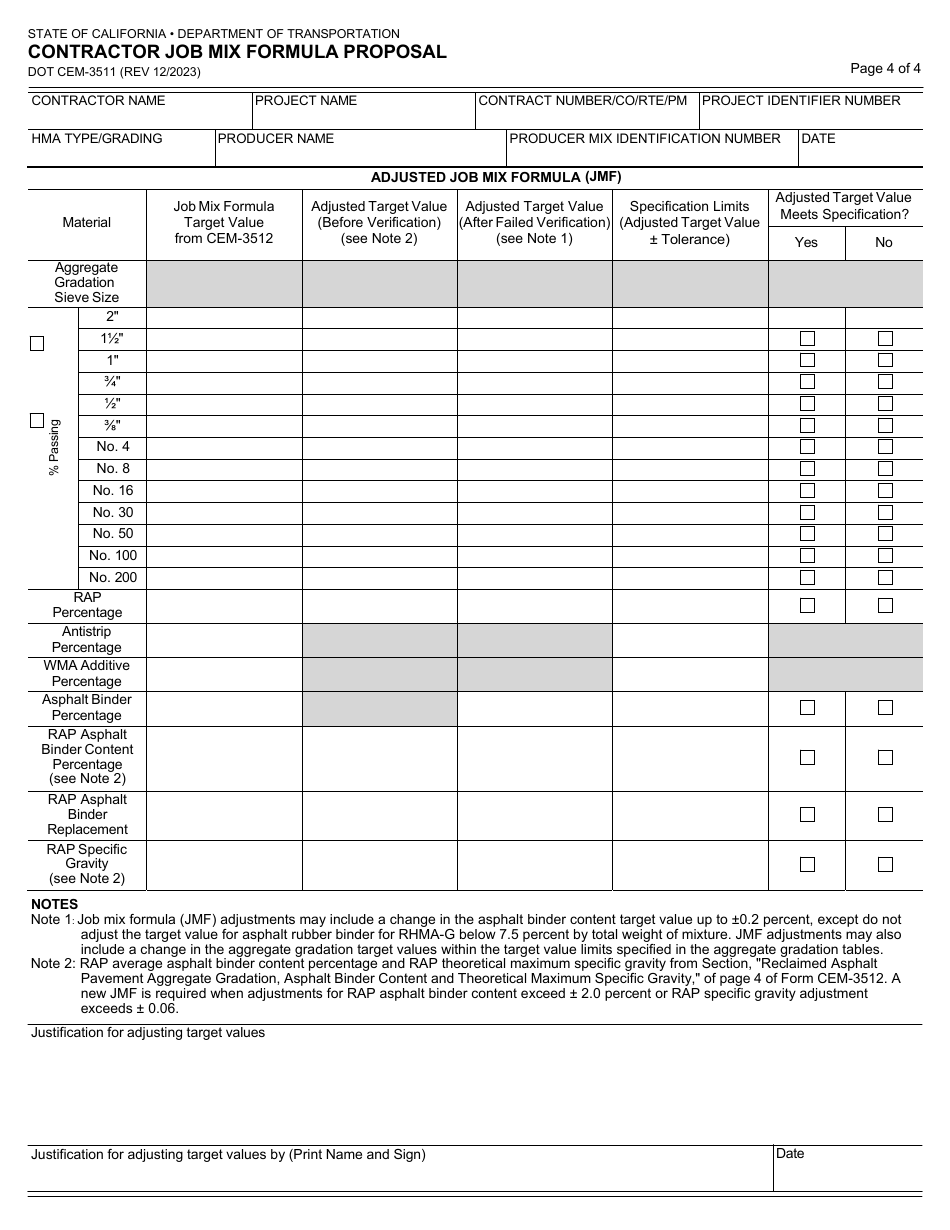 Form DOT CEM-3511 Contractor Job Mix Formula Proposal - California, Page 4
