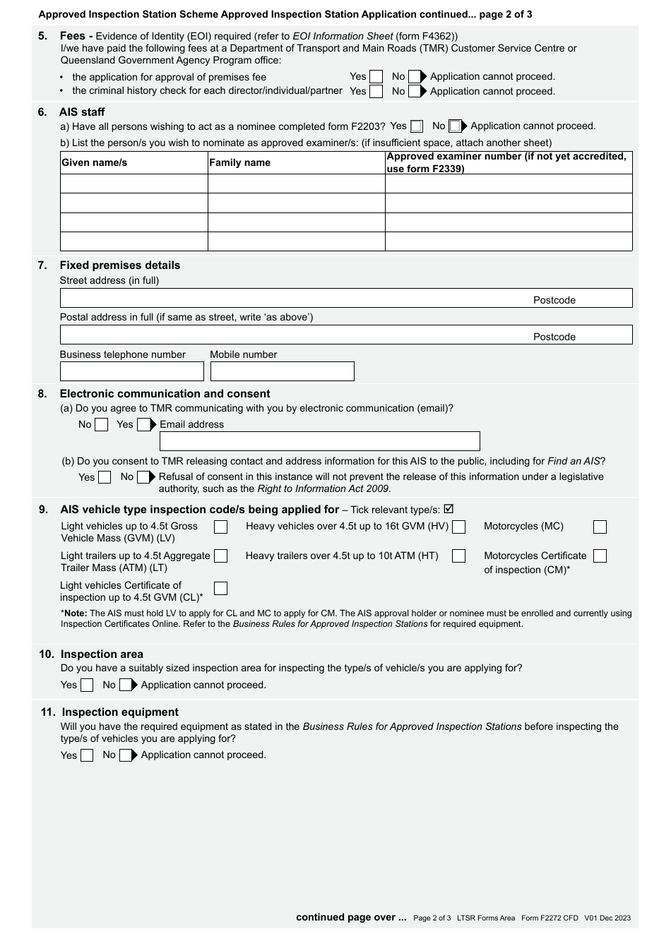 Form F2272 Approved Inspection Station Application - Approved Inspection Station Scheme - Queensland, Australia, Page 2