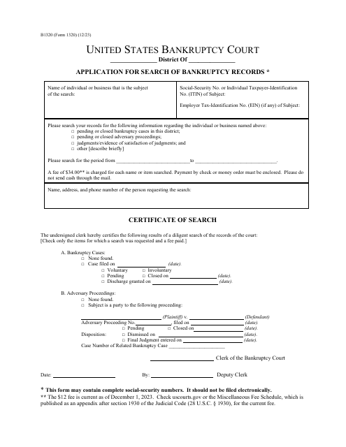 Form B1320 Application for Search of Bankruptcy Records
