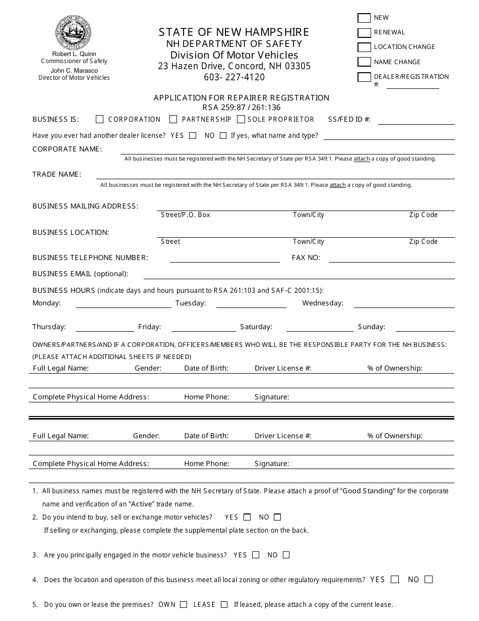 Form RDMV720 Application for Repairer Registration - New Hampshire, Page 3