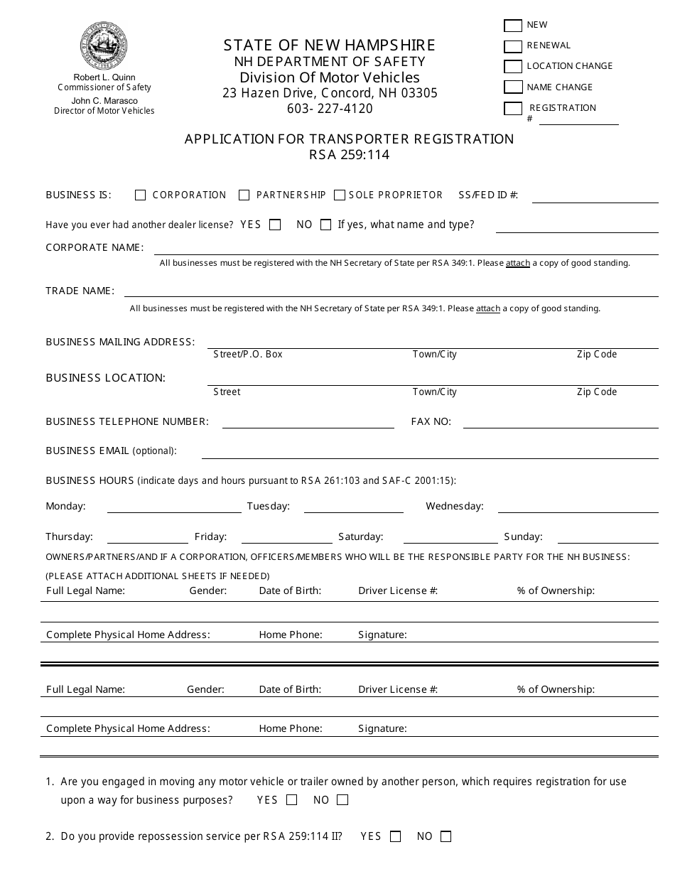 Form RDMV725 Application for Transporter Registration - New Hampshire, Page 3