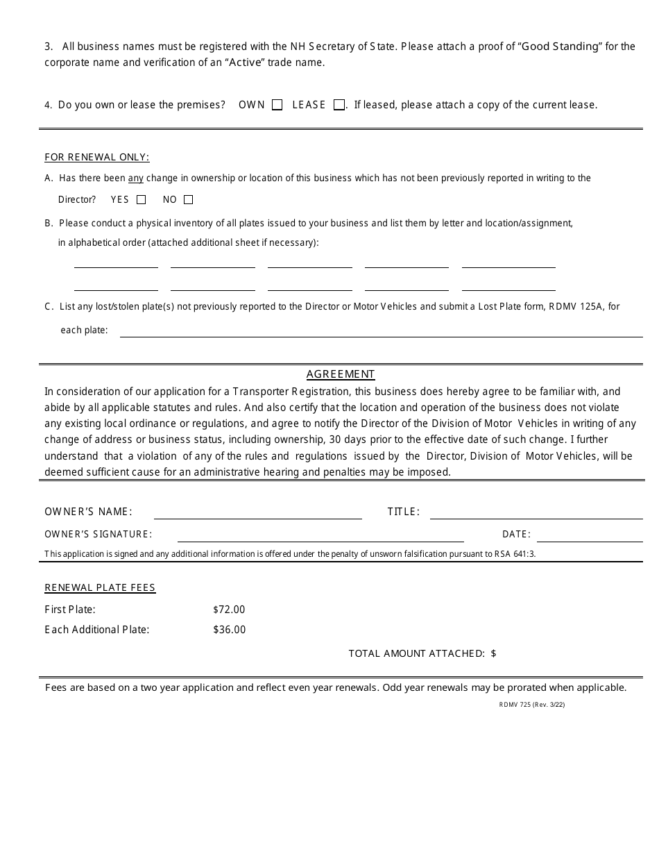 Form RDMV725 Application for Transporter Registration - New Hampshire, Page 4