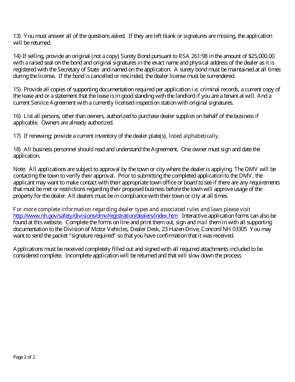Form RDMV710 Application for Automotive Recycling Dealer Registration - New Hampshire, Page 2