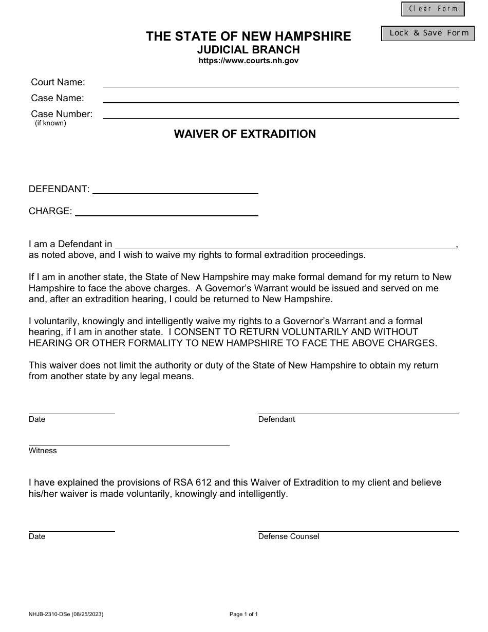 Form NHJB-2310-DSE Waiver of Extradition - New Hampshire, Page 1