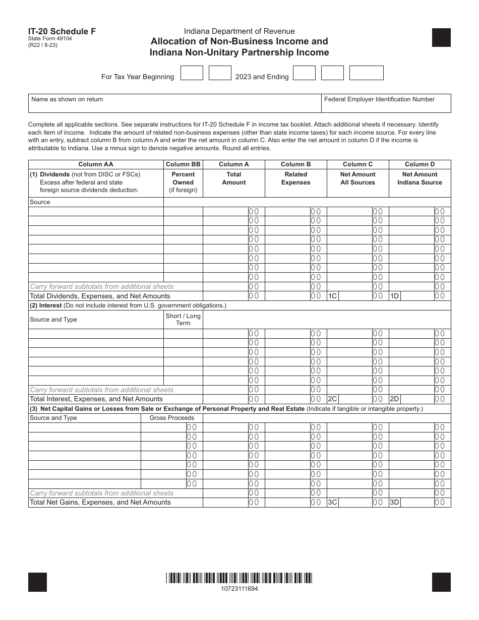 Form IT-20 (State Form 49104) Schedule F Allocation of Non-business Income and Indiana Non-unitary Partnership Income - Indiana, Page 1