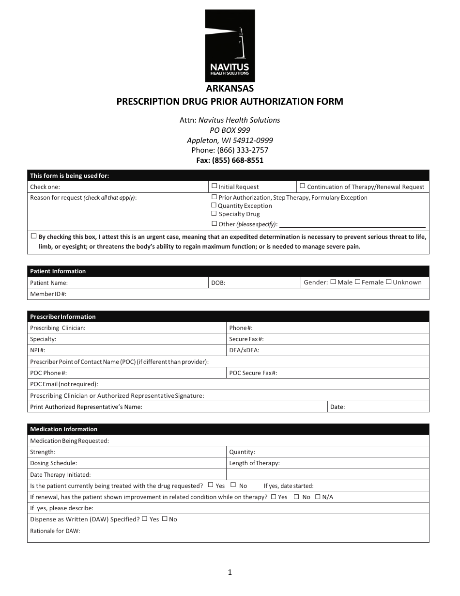 Prescription Drug Prior Authorization Form - Arkansas, Page 1