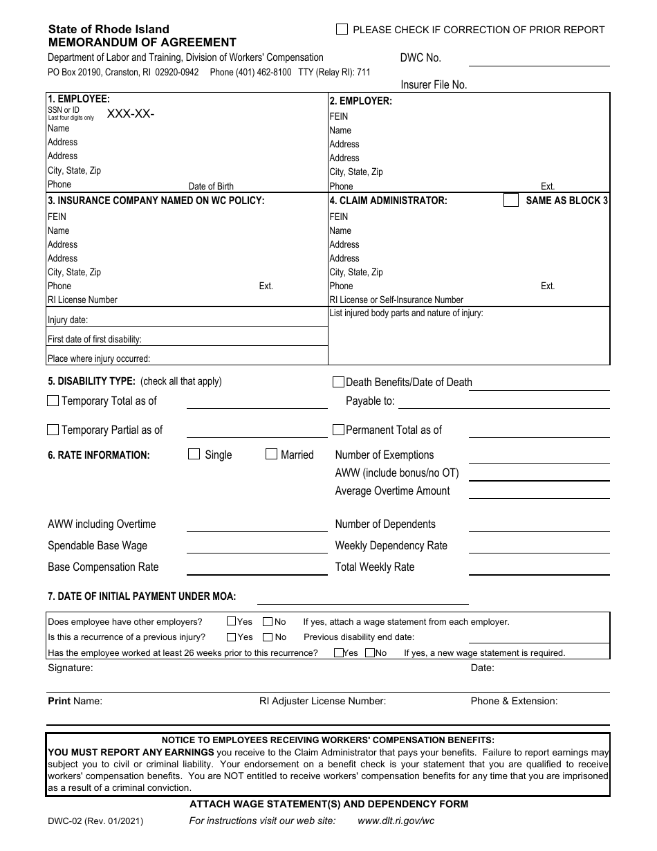 Form DWC-02 Memorandum of Agreement - Rhode Island, Page 1