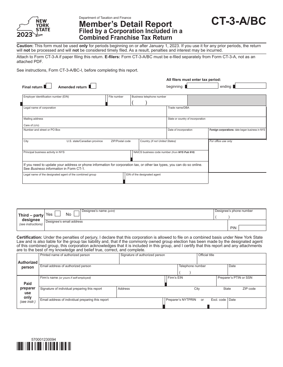 Form CT-3-A / BC Members Detail Report Filed by a Corporation Included in a Combined Franchise Tax Return - New York, Page 1