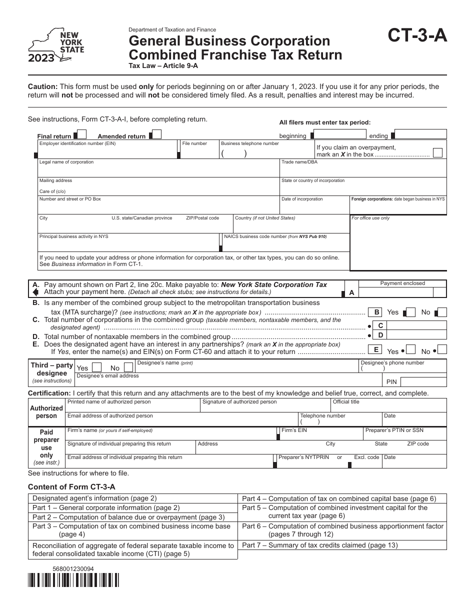 Form CT-3-A General Business Corporation Combined Franchise Tax Return - New York, Page 1