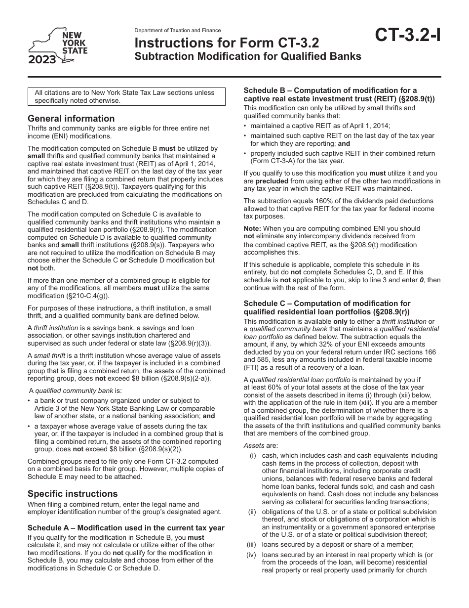 Instructions for Form CT-3.2 Subtraction Modification for Qualified Banks - New York, Page 1