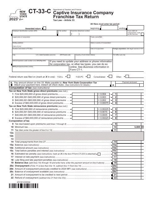 Form CT-33-C Captive Insurance Company Franchise Tax Return - New York, 2023