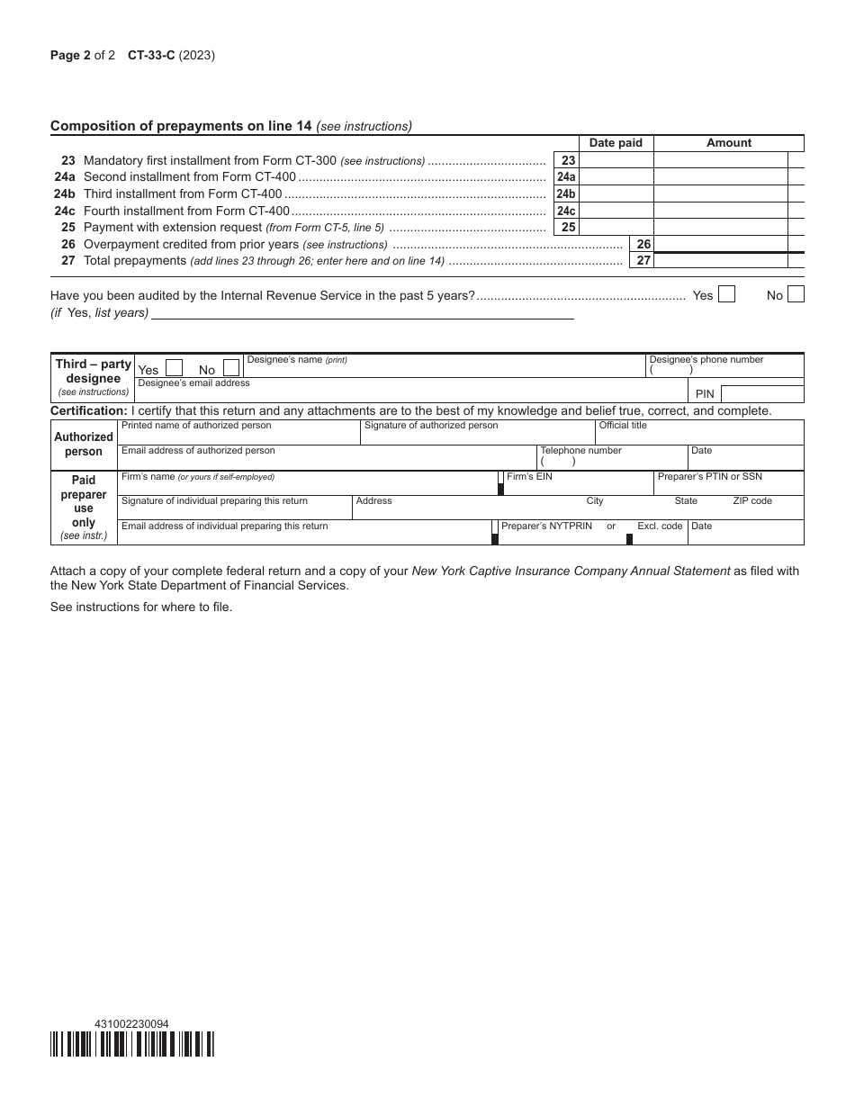 Form CT-33-C Captive Insurance Company Franchise Tax Return - New York, Page 2