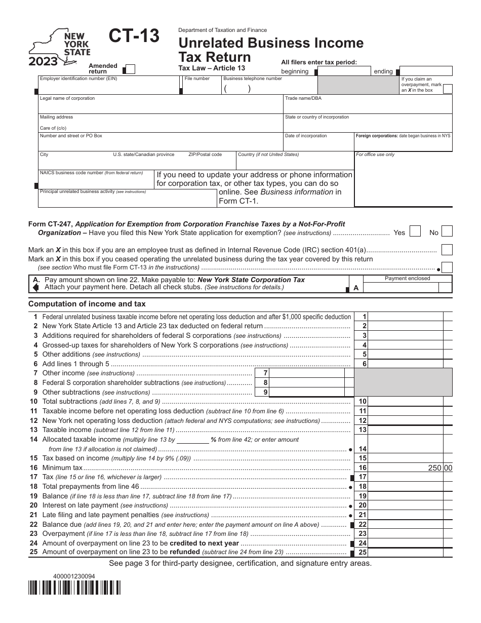 Form CT-13 Unrelated Business Income Tax Return - New York, Page 1