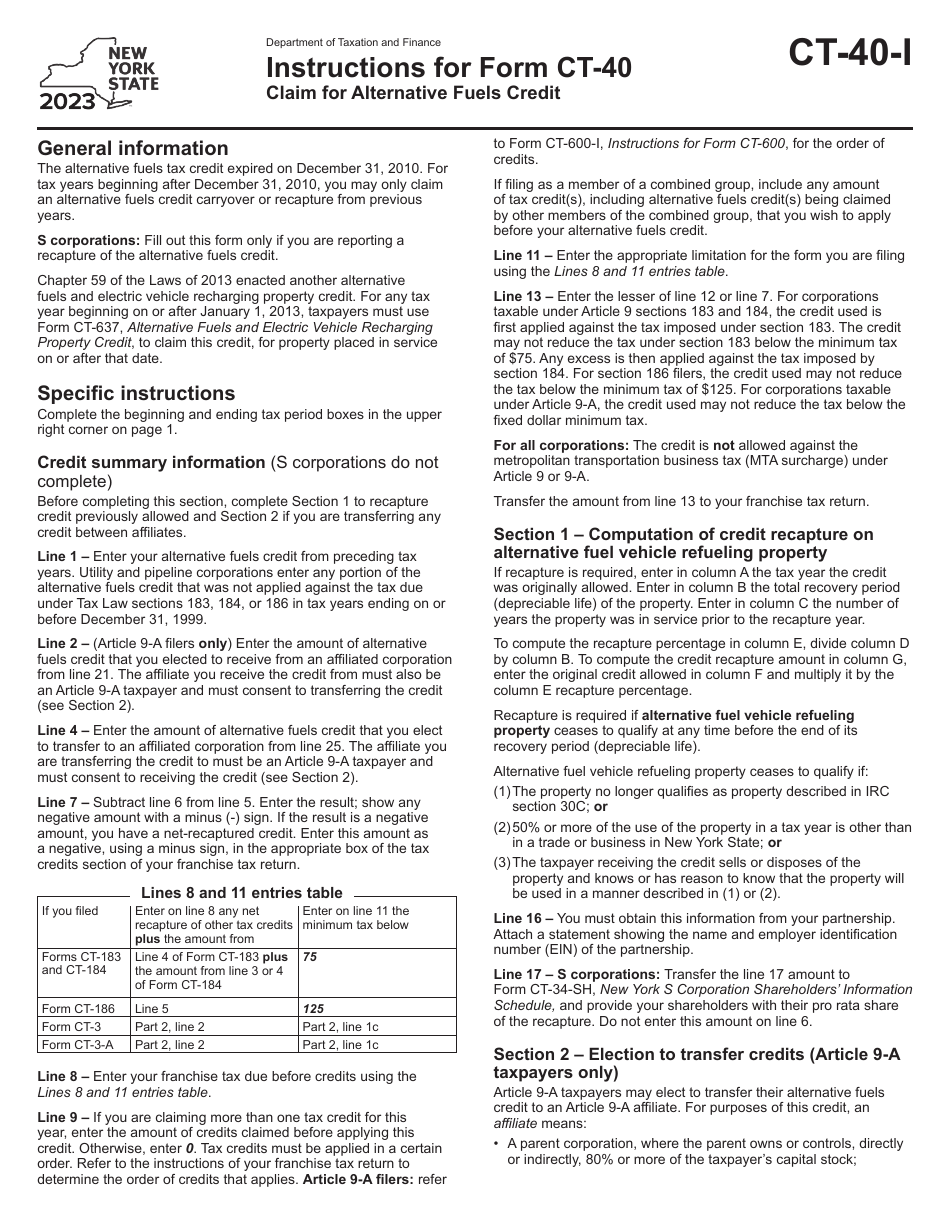 Instructions for Form CT-40 Claim for Alternative Fuels Credit - New York, Page 1