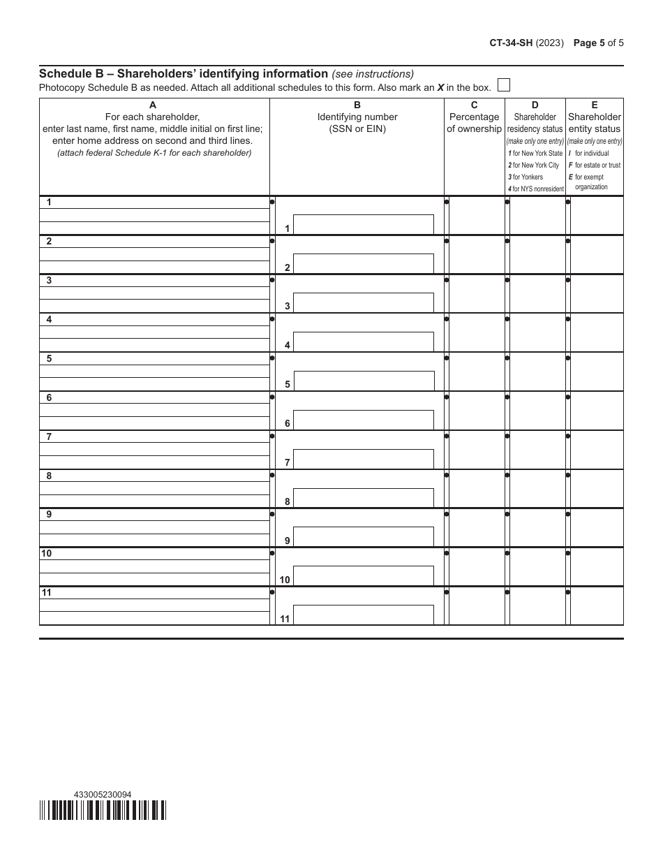 Form CT-34-SH New York S Corporation Shareholders Information Schedule - New York, Page 5
