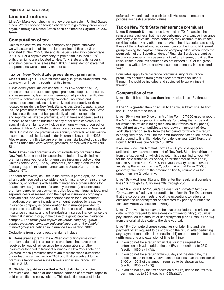 Instructions for Form CT-33-C Captive Insurance Company Franchise Tax Return - New York, Page 2