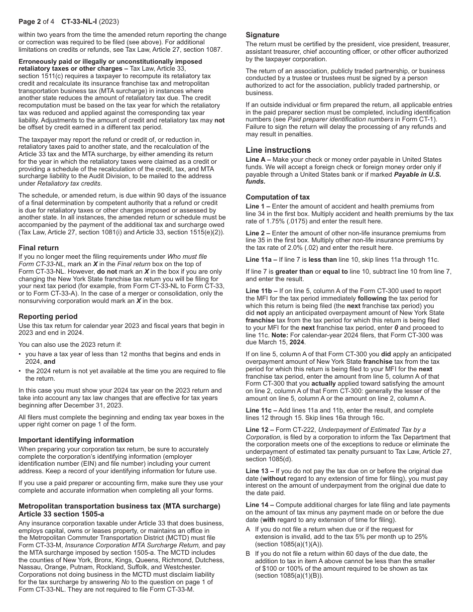 Instructions for Form CT-33-NL Non-life Insurance Corporation Franchise Tax Return - New York, Page 2