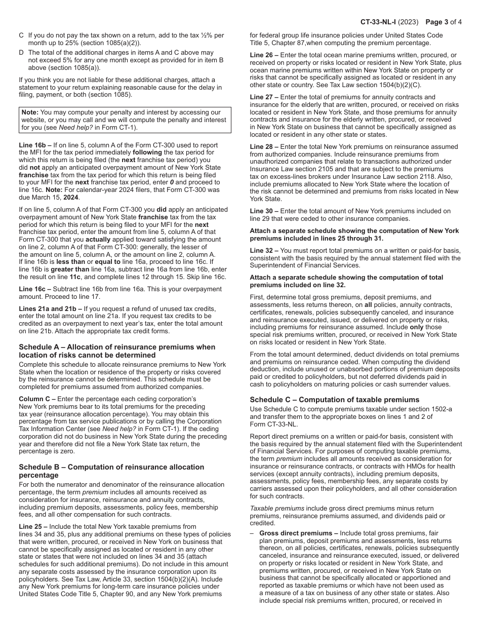 Instructions for Form CT-33-NL Non-life Insurance Corporation Franchise Tax Return - New York, Page 3