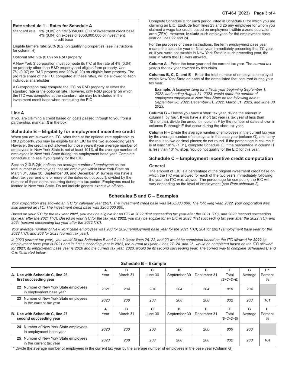 Instructions for Form CT-46 Claim for Investment Tax Credit (Includes Employment Incentive Credit) - New York, Page 3