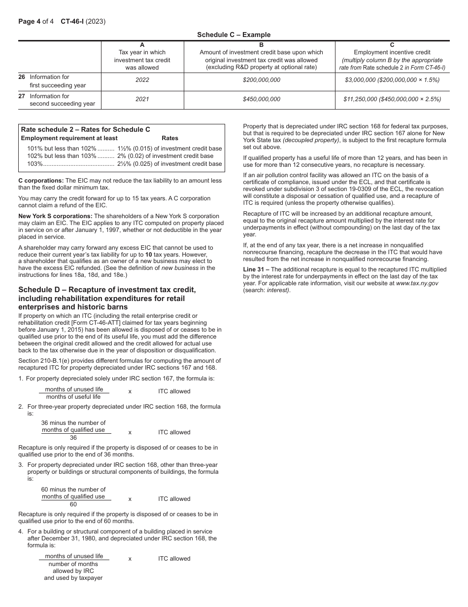 Instructions for Form CT-46 Claim for Investment Tax Credit (Includes Employment Incentive Credit) - New York, Page 4