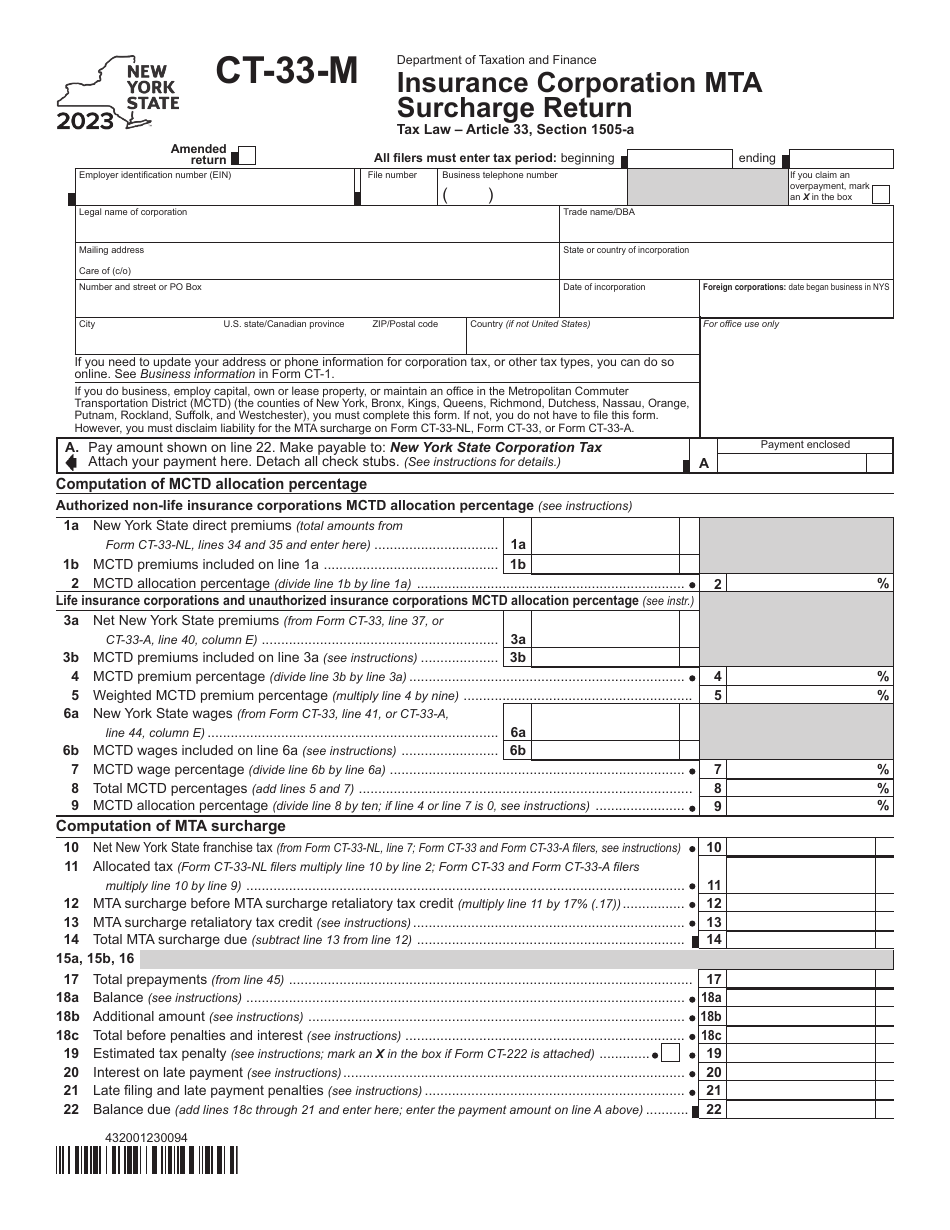 Form CT-33-M Insurance Corporation Mta Surcharge Return - New York, Page 1