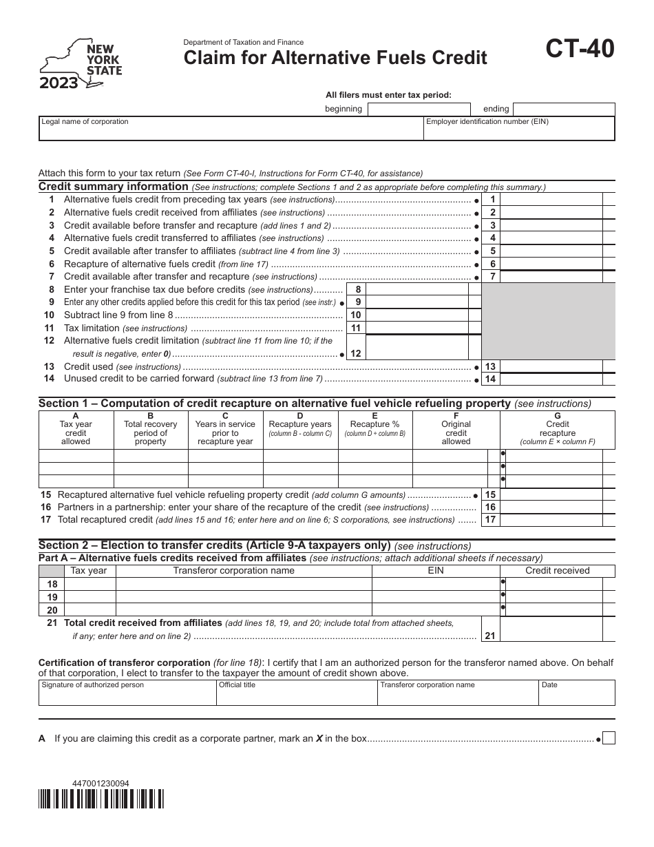 Form CT-40 Claim for Alternative Fuels Credit - New York, Page 1