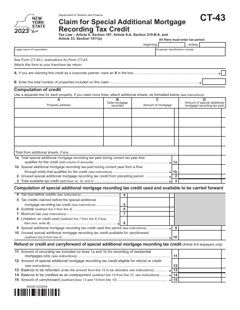 Form CT-43 Claim for Special Additional Mortgage Recording Tax Credit - New York, 2023