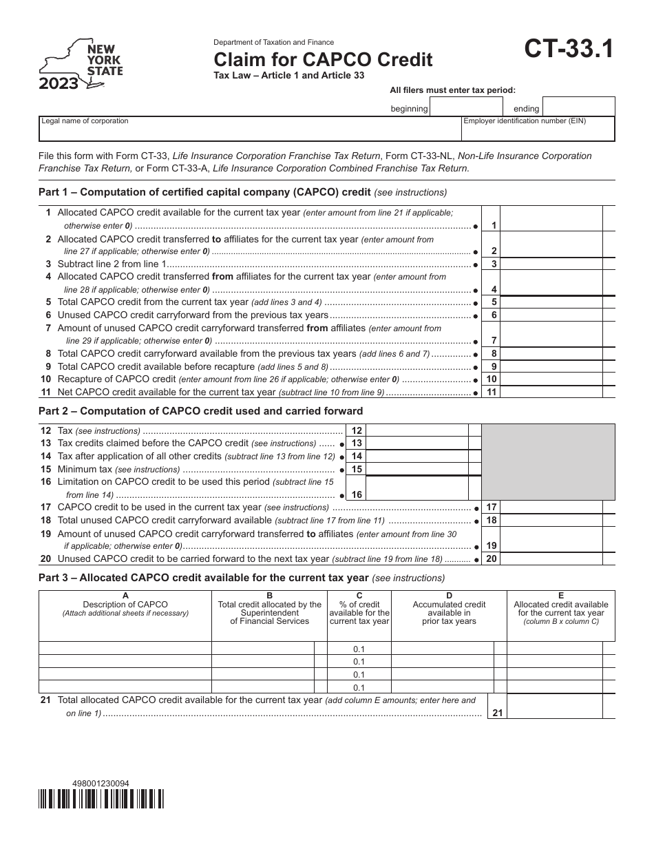 Form CT-33.1 Claim for Capco Credit - New York, Page 1
