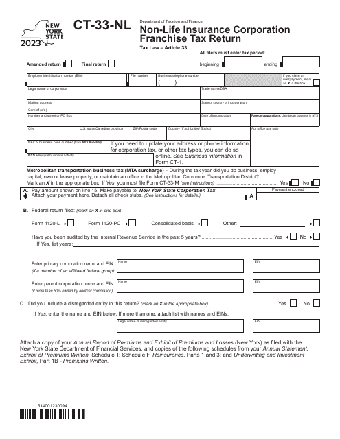 Form CT-33-NL Non-life Insurance Corporation Franchise Tax Return - New York, 2023