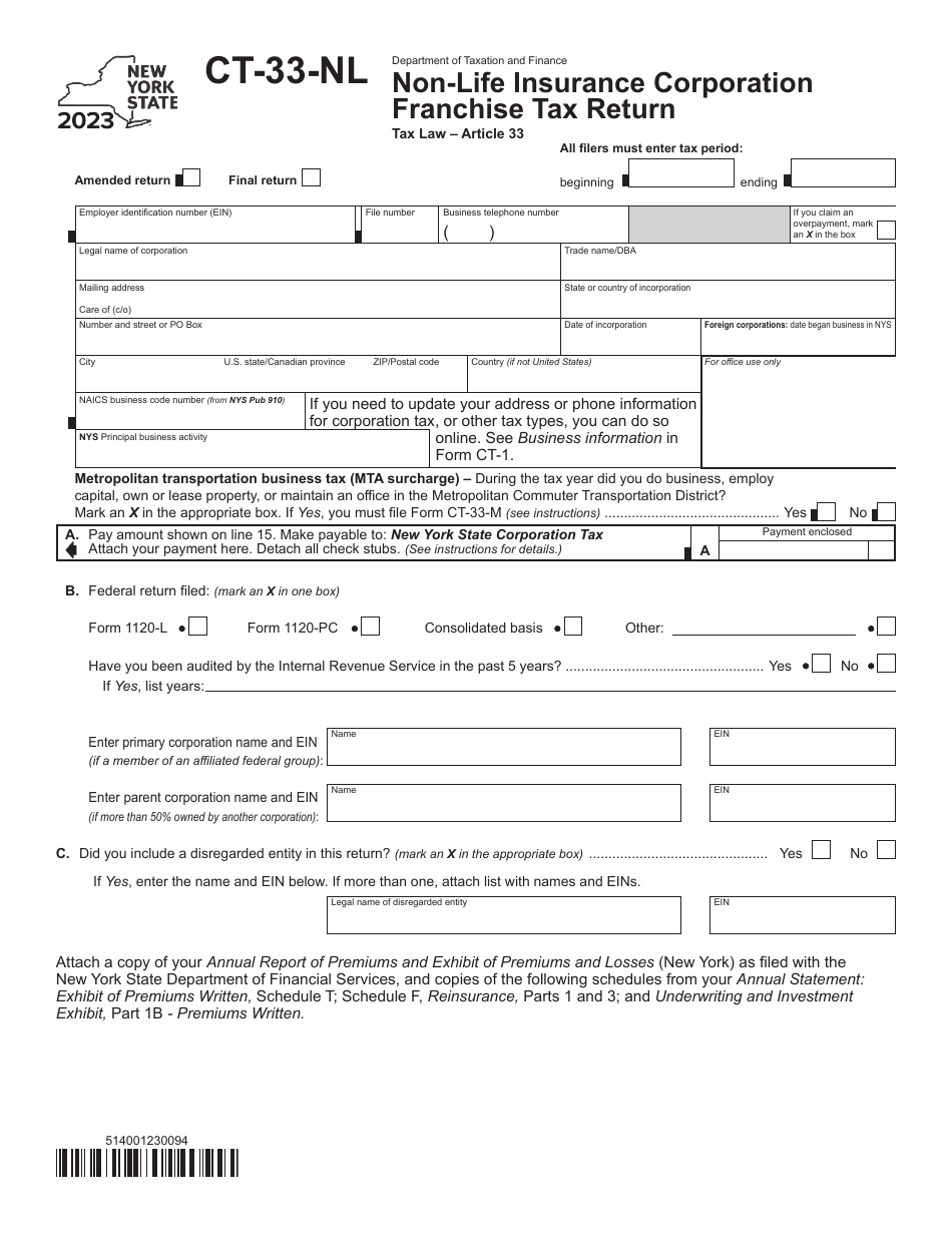 Form CT-33-NL Non-life Insurance Corporation Franchise Tax Return - New York, Page 1