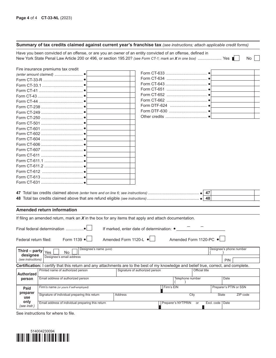 Form CT-33-NL Non-life Insurance Corporation Franchise Tax Return - New York, Page 4